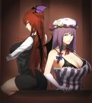  2girls back-to-back bat_wings bow bra breasts cleavage detached_collar dress gloves hair_bow hair_ornament hat head_wings huge_breasts koakuma long_hair long_sleeves looking_at_viewer minamike1991 mob_cap multiple_girls pantyhose patchouli_knowledge profile purple_hair red_eyes redhead shirt skirt skirt_set smile strapless_dress striped striped_dress touhou underwear vest violet_eyes white_gloves wings 