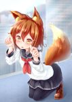  1girl animal_ears black_legwear black_skirt brown_eyes fingernails fox_ears fox_tail fuzuki_ichigo hair_ornament hairclip highres ikazuchi_(kantai_collection) kantai_collection kemonomimi_mode kneeling loafers long_sleeves looking_at_viewer neckerchief pantyhose paw_pose pleated_skirt sailor_collar school_uniform serafuku shoes short_hair skirt solo tail 