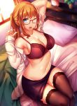  1girl adjusting_hair alarm_clock arm_behind_head arms_up bangs bed_sheet bedroom black_bra black_legwear black_skirt blonde_hair blue_eyes blush bra breasts cleavage clock copyright_request curtains female from_above glasses hair_tie highres indoors large_breasts legs_together light_particles long_hair long_sleeves looking_at_viewer miniskirt mokyu_(kukoudesu) nail_polish navel off_shoulder on_bed one_eye_closed open_clothes open_mouth open_shirt pencil_skirt pillow pink_nails plant ponytail potted_plant red-framed_glasses red_bra semi-rimless_glasses shirt sidelocks sitting skirt solo sunlight thigh-highs tying_hair under-rim_glasses underwear white_shirt wince window yawning 