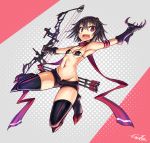  1girl arrow bikini_top black_hair bow_(weapon) claws gia jumping open_mouth original red_eyes scarf short_hair shorts solo thigh-highs weapon 