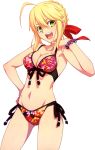  1girl absurdres ahoge bikini blonde_hair breasts cleavage fate/extra fate_(series) green_eyes hair_ribbon highres looking_at_viewer navel open_mouth red_ribbon ribbon saber_extra short_hair side-tie_bikini smile solo swimsuit takeuchi_takashi type-moon 