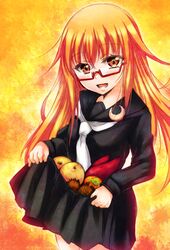  1girl black_serafuku black_skirt blouse cowboy_shot crescent_moon food fruit glasses kantai_collection long_hair looking_at_viewer mochizuki_(kantai_collection) moon neckerchief orange_background orange_eyes orange_hair pleated_skirt red-framed_glasses school_uniform semi-rimless_glasses serafuku simple_background skirt skirt_basket skirt_lift smile tennen_buri under-rim_glasses vegetable 