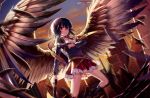  1girl black_hair dual_wielding feathered_wings glock gun handgun highres kin_toki plaid plaid_skirt red_eyes short_hair skirt solo weapon wings 