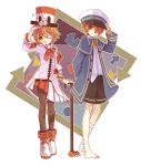  2boys arrow asymmetrical_clothes bandage_over_one_eye bandaged_leg bandages bandaid bandaid_on_nose barefoot blonde_hair boots brown_eyes cane coat cosplay costume_switch fukase fukase_(cosplay) hair_over_one_eye hat highres male_focus mechanical_eye multiple_boys oliver_(vocaloid) oliver_(vocaloid)_(cosplay) one_eye_covered redhead ribbon sailor_collar sailor_hat short_hair shorts top_hat trait_connection vocaloid yanco yellow_eyes 