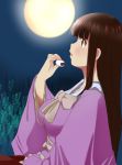  1girl bow breasts brown_eyes brown_hair full_moon hime_cut houraisan_kaguya kozue_akari large_breasts long_hair moon oni open_mouth shirt sitting skirt sky solo touhou very_long_hair wide_sleeves 