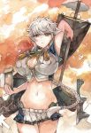  1044kiro 1girl arm_up braid breasts cloud_print highres kantai_collection large_breasts long_hair machinery mecha_musume midriff miniskirt navel parted_lips shikigami short_sleeves silver_hair single_braid skirt solo thigh-highs traditional_media unryuu_(kantai_collection) very_long_hair wavy_hair yellow_eyes zettai_ryouiki 