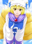  1girl animal_ears bent_over blonde_hair breasts clouds dress fox_ears fox_tail hat large_breasts long_sleeves looking_at_viewer mob_cap multiple_tails open_mouth poronegi short_hair sky smile solo tabard tail touhou white_dress wide_sleeves yakumo_ran yellow_eyes 
