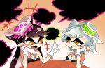  +_+ 2girls aori_(splatoon) black_dress black_hair blush breasts brown_eyes cleavage detached_collar dress earrings fangs food food_on_head hand_on_own_cheek hand_on_own_chin hotaru_(splatoon) jewelry kasuura_(cacula) long_hair looking_at_another mask mole mole_under_eye multiple_girls object_on_head open_mouth short_hair sitting smile speech_bubble splatoon strapless_dress table talking tentacle_hair white_hair 