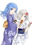  2girls blue_eyes blue_hair blush candy_apple character_doll commentary cotton_candy eating flower food hair_flower hair_ornament hair_over_one_eye hairclip hamakaze_(kantai_collection) ikayaki isokaze_(kantai_collection) japanese_clothes kantai_collection kimono looking_at_viewer mask multiple_girls silver_hair smile squid tanikaze_(kantai_collection) urakaze_(kantai_collection) wataame27 white_background yukata 
