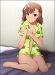  1girl absurdres barefoot bed blush breasts brown_eyes brown_hair cleavage covering covering_breasts embarrassed feet highres looking_at_viewer misaka_mikoto navel no_bra no_panties open_clothes pajamas short_hair sitting sweatdrop thighs to_aru_kagaku_no_railgun to_aru_majutsu_no_index toes yadokari_genpachirou 