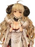  1girl ahoge anira_(granblue_fantasy) bangs blonde_hair blunt_bangs breasts cape cleavage fur_trim gloves granblue_fantasy highres horns large_breasts long_hair looking_at_viewer sheep_horns simple_background skirt smile solo wataichi_meko white_gloves yellow_eyes 