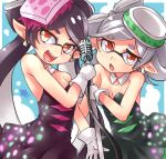  +_+ 2girls aori_(splatoon) black_dress black_hair brown_eyes commentary cowboy_shot detached_collar dress earrings fangs food food_on_head gloves holding hotaru_(splatoon) jewelry kitayama_miuki long_hair looking_at_viewer mask microphone microphone_stand mole mole_under_eye multiple_girls object_on_head open_mouth pointy_ears short_hair smile splatoon squid standing strapless_dress sushi tentacle_hair white_gloves white_hair 