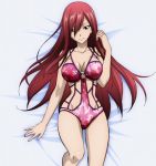  1girl bed breasts brown_eyes casual_one-piece_swimsuit cleavage erza_scarlet fairy_tail long_hair looking_at_viewer lying on_back one-piece_swimsuit redhead solo swimsuit 