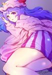  1girl crescent dress gradient gradient_background hat highres long_hair long_sleeves looking_at_viewer lying mayonaka_taruho mob_cap off_shoulder on_side open_mouth patchouli_knowledge pink_eyes purple_hair smile solo striped striped_dress touhou twitter_username vest 