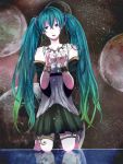  1girl bare_shoulders cupping_hands detached_sleeves green_hair hatsune_miku jewelry kneeling lana_(akhrne) moon necklace ring skirt solo star twintails vocaloid 
