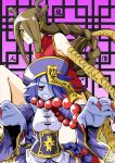  2girls antlers beads blue_hair blue_skin braid breasts brown_hair china_dress chinese_clothes claws detached_sleeves dragon_girl dragon_horns dragon_tail fingernails green_eyes grin hair_over_one_eye hat horns jiangshi jiangshi_(monster_musume) long_hair monster_girl monster_musume_no_iru_nichijou multiple_girls nail_polish ofuda pointy_ears prayer_beads red_eyes red_nails ryu-jin_(monster_musume) s-now scales sharp_fingernails side_slit signature single_braid slit_pupils smile tail very_long_hair 