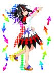  1girl arrow asusilver_(artist) bangle black_hair bow bracelet dress highres horns jewelry kijin_seija lace-trimmed_dress multicolored_hair outstretched_arm rainbow_gradient red_eyes redhead sandals short_hair short_sleeves streaked_hair touhou 
