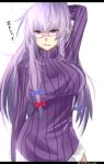  1girl alternate_costume arm_up bespectacled border bow glasses hair_bow hair_ornament highres lavender_hair long_hair long_sleeves onineko-chan open_mouth patchouli_knowledge purple-framed_glasses purple_hair simple_background solo sweater text touhou translation_request turtleneck twitter_username violet_eyes white_background 