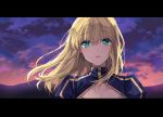  1girl blonde_hair cleavage_cutout clouds dress fate/stay_night fate_(series) green_eyes hair_down ice_(ice_aptx) letterboxed long_hair mountain puffy_sleeves saber sky solo 