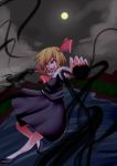  1girl blonde_hair clouds darkness eemiiru_(xeno-c) fingernails full_moon hair_ribbon long_fingernails moon night open_mouth outstretched_arms red_eyes red_fingernails red_ribbon ribbon rumia sharp_teeth solo touhou 