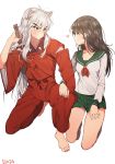  1boy 1girl animal_ears black_hair couple dog_ears higurashi_kagome inuyasha inuyasha_(character) japanese_clothes long_hair school_uniform serafuku smile sorolp sword weapon white_hair yellow_eyes 