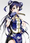  1girl blue_hair brown_eyes china_dress chinese_clothes fan fingerless_gloves folding_fan gloves long_hair looking_at_viewer love_live!_school_idol_project shiimai solo sonoda_umi 