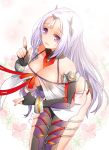  1girl babydoll bracelet breasts closers elbow_gloves fingerless_gloves floral_background gloves horns jewelry large_breasts leaning_forward levia_(closers) long_hair ofuda open_mouth pointy_ears pping red_ribbon ribbon shiny shiny_clothes silver_hair simple_background solo violet_eyes 