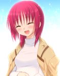  1girl angel_beats! blue_background blush buttons closed_eyes ears happy iwasawa jacket_on_shoulders nananeko open_mouth red_eyes redhead short_hair shy smile sparkle sweater tongue white_background 