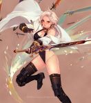  1girl breasts dungeon_and_fighter happening18 looking_at_viewer red_eyes short_hair solo sword weapon white_hair 