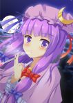  1girl :o absurdres blush bow cigarette cigarette_holder cookie_(touhou) crescent_hair_ornament dress hair_bow hair_ornament hair_ribbon hat highres long_hair looking_at_viewer mob_cap moon night patchouli_knowledge purple_hair ribbon smoking solo szk taisa_(cookie) touhou very_long_hair violet_eyes 