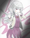  1girl blush covering_mouth dress hand_over_own_mouth kishin_sagume red_eyes silver_hair single_wing touhou wings yuuhikyou 