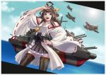  1girl absurdres ahoge airplane artist_request boots brown_eyes brown_hair clouds contrapposto detached_sleeves hand_on_hip highres kantai_collection kongou_(kantai_collection) lens_flare long_hair nontraditional_miko skirt smile solo thigh-highs thigh_boots turret 