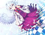  1girl bow bowtie checkered checkered_floor dress dutch_angle feathers furapechi jacket kishin_sagume long_sleeves open_clothes purple_dress red_eyes shirt short_hair silver_hair single_wing smile solo touhou wings 