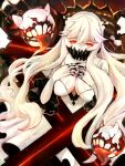  1girl breasts cleavage covered_mouth dress enemy_aircraft_(kantai_collection) horns kantai_collection large_breasts long_hair macchi_(pixiv1616079) midway_hime pale_skin red_eyes shinkaisei-kan very_long_hair white_dress white_hair white_skin 