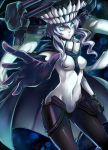  1girl aqua_eyes bodysuit breasts cape dark_persona gloves glowing glowing_eyes hat headgear kantai_collection long_hair looking_at_viewer mouth outstretched_arm pale_skin shinkaisei-kan silver_hair solo teeth tentacles white_skin wo-class_aircraft_carrier yuginin 