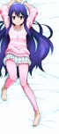  1girl absurdres arms_up barefoot bed blue_hair brown_eyes fairy_tail highres long_hair looking_at_viewer lying on_back pajamas smile solo very_long_hair wendy_marvell 