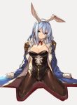  1girl animal_ears black_legwear blue_eyes blue_hair blush breasts bunny_girl bunnysuit cleavage commentary_request detached_collar fake_animal_ears full_body granblue_fantasy grey_background highres jacket_on_shoulders large_breasts long_hair looking_at_viewer pantyhose rabbit_ears senmu simple_background sitting solo therese_(granblue_fantasy) wariza 