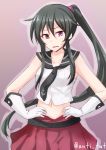  1girl anti_(untea9) belt black_hair blush commentary_request gloves hands_on_hips highres kantai_collection midriff navel open_mouth ponytail red_eyes simple_background skirt solo sweatdrop twitter_username white_gloves yahagi_(kantai_collection) 