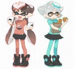  +_+ 2girls aori_(splatoon) bag black_hair blush_stickers bracelet bread brown_eyes closed_eyes earrings eating fang food food_on_face food_on_head green_legwear holding hotaru_(splatoon) jewelry long_hair miniskirt mole mole_under_eye multiple_girls object_on_head onigiri open_mouth orange_legwear pantyhose paper_bag pointy_ears polka_dot polka_dot_background rice_on_face shoes short_hair short_shorts shorts sketch skirt smile soto splatoon t-shirt white_hair 