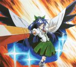  1girl anime_coloring arm_cannon bird_wings black_hair black_wings bow cape foreshortening hair_bow long_hair marker_(medium) millipen_(medium) outstretched_arms ponytail reiuji_utsuho shiratama_(hockey) shirt skirt solo space third_eye touhou traditional_media very_long_hair weapon wings 
