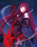  1girl bodysuit breasts fate/grand_order fate_(series) fuyuki_(neigedhiver) gae_bolg highres long_hair polearm purple_hair red_eyes scathach_(fate/grand_order) solo spear very_long_hair weapon 