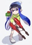  1girl beanie bike_shorts blue_eyes blue_hair blush coat container domino_mask gun hat holding inkling long_hair looking_at_viewer mask pointy_ears shoes sketch smile solo soto splatoon standing tentacle_hair weapon white_background 