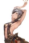  1girl aos_libido armpits arms_up breasts brown_eyes cleavage eyepatch granblue_fantasy navel short_hair sideboob silver_hair simple_background solo tania_(granblue_fantasy) white_background 