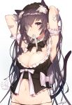  1girl animal_ears armpits arms_up bandages black_hair black_panties blush bowtie breasts cat_ears cat_tail cleavage commentary_request detached_collar eyepatch long_hair maid_headdress mika_pika_zo mouth_hold navel original panties pink_eyes solo tail underwear 