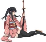  1girl artist_request black_hair gintama holding_sword holding_weapon japanese_clothes kimono solo sword thigh-highs transparent_background weapon yagyuu_kyuubei yukata 
