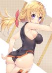  1girl ass bare_arms bare_shoulders blonde_hair breasts charlotte_dunois infinite_stratos large_breasts long_hair looking_at_viewer looking_back low_ponytail pilot_suit solo very_long_hair violet_eyes yatsu_(sasuraino) 