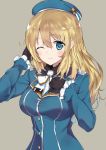  1girl absurdres atago_(kantai_collection) blonde_hair blue_eyes blush breasts gloves hat highres kantai_collection large_breasts long_hair looking_at_viewer messy_hair one_eye_closed purutabu simple_background smile solo uniform 