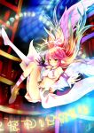  1girl angel_wings blush breasts feathered_wings gloves halo highres jibril_(no_game_no_life) long_hair low_wings magic_circle midriff multicolored_hair navel no_game_no_life pink_hair smile solo white_wings wings yellow_eyes 