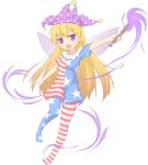  1girl american_flag_shirt blonde_hair clownpiece fairy fairy_wings hat highres jester_cap long_hair looking_at_viewer open_mouth pantyhose shino_megumi solo touhou violet_eyes wand wings 
