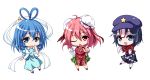  3girls bandages blue_eyes blue_hair bun_cover chibi chinese_clothes cuffs double_bun dress drill_hair fang flower hair_ornament hair_rings hair_stick hand_on_hip hat ibaraki_kasen jiangshi kaku_seiga miyako_yoshika multiple_girls ofuda one_eye_closed open_mouth outstretched_arms pink_eyes pink_hair rose shawl short_hair skirt smile tabard touhou u2_(5798239) vest zombie_pose 